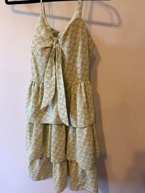 Girls Green Floral Tiered Sundress with Front Tie